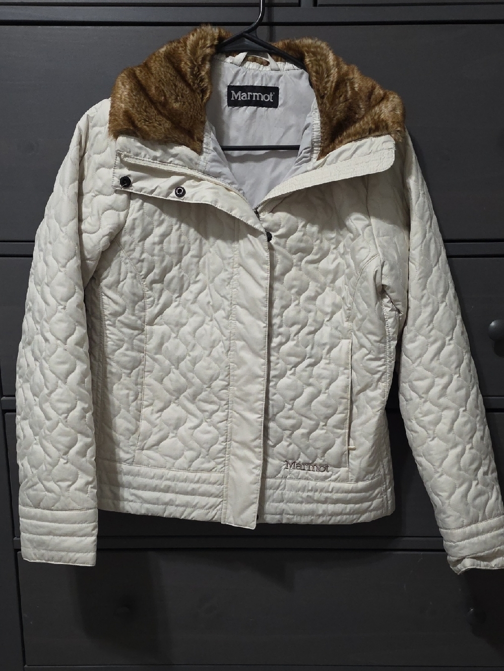 Marmot Women's Cream Quilted Puffer Jacket with Brown Faux Fur Collar